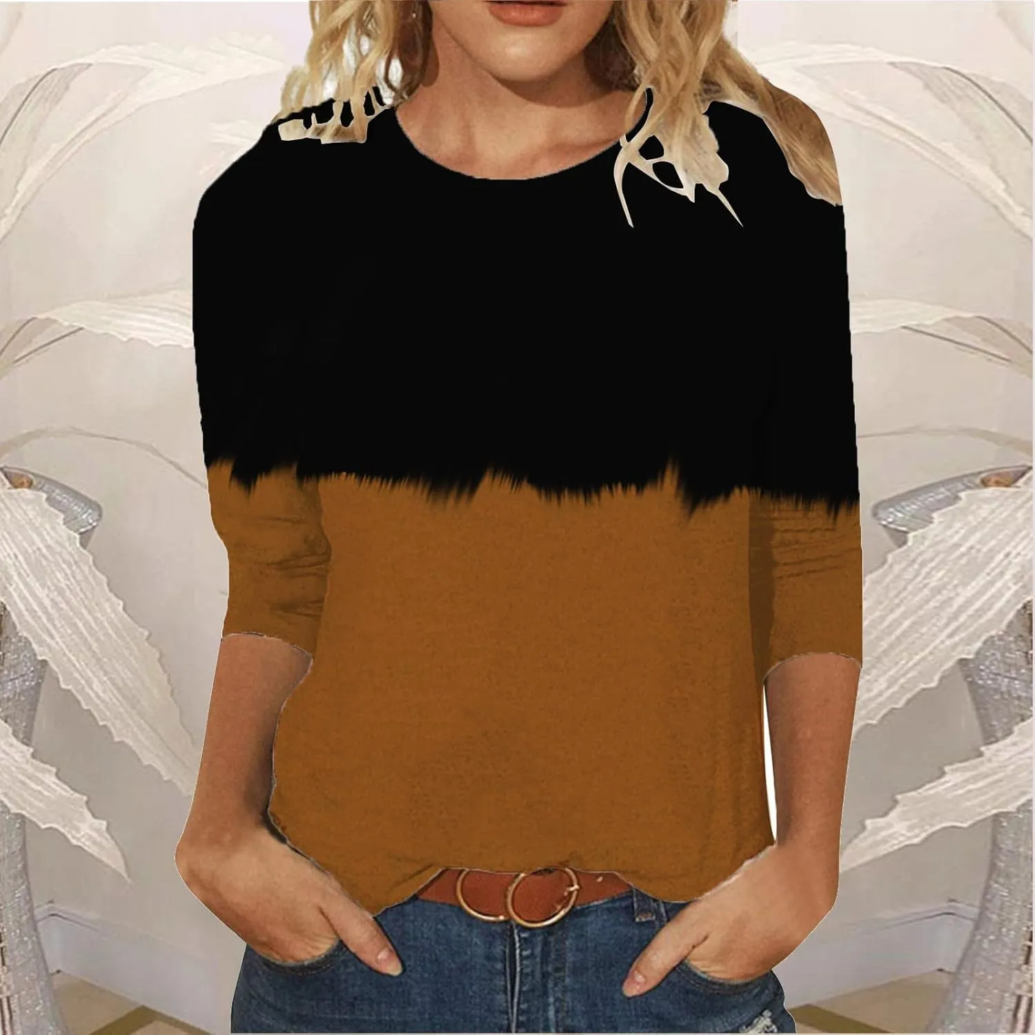 3/4 Sleeve Shirts for Women Color Block Crewneck Spring Tops 2025 Fashion Casual Blouse