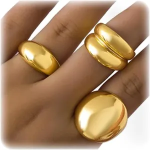 3PCS Chunky Gold Rings for Women Adjustable Round Dome Ring Set Open Bold Thick Rings Chunky Silver Rings Minimalist Solid Ring Band Stackable Statement Jewelry Size 8-12
