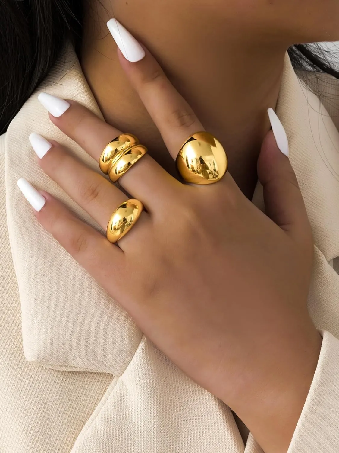 3PCS Chunky Gold Rings for Women Adjustable Round Dome Ring Set Open Bold Thick Rings Chunky Silver Rings Minimalist Solid Ring Band Stackable Statement Jewelry Size 8-12