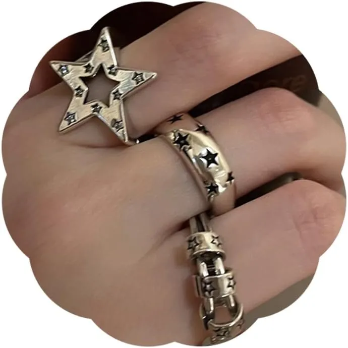 3Pcs Y2k Rings for Women Sparkly Rhinestones Star Statement Rings Punk Grunge Goth Chunky Rings Adjustable Open Ring Set Silver Fidget Ring Rings Fashion Vintage Rock Stacking Knuckle Rings