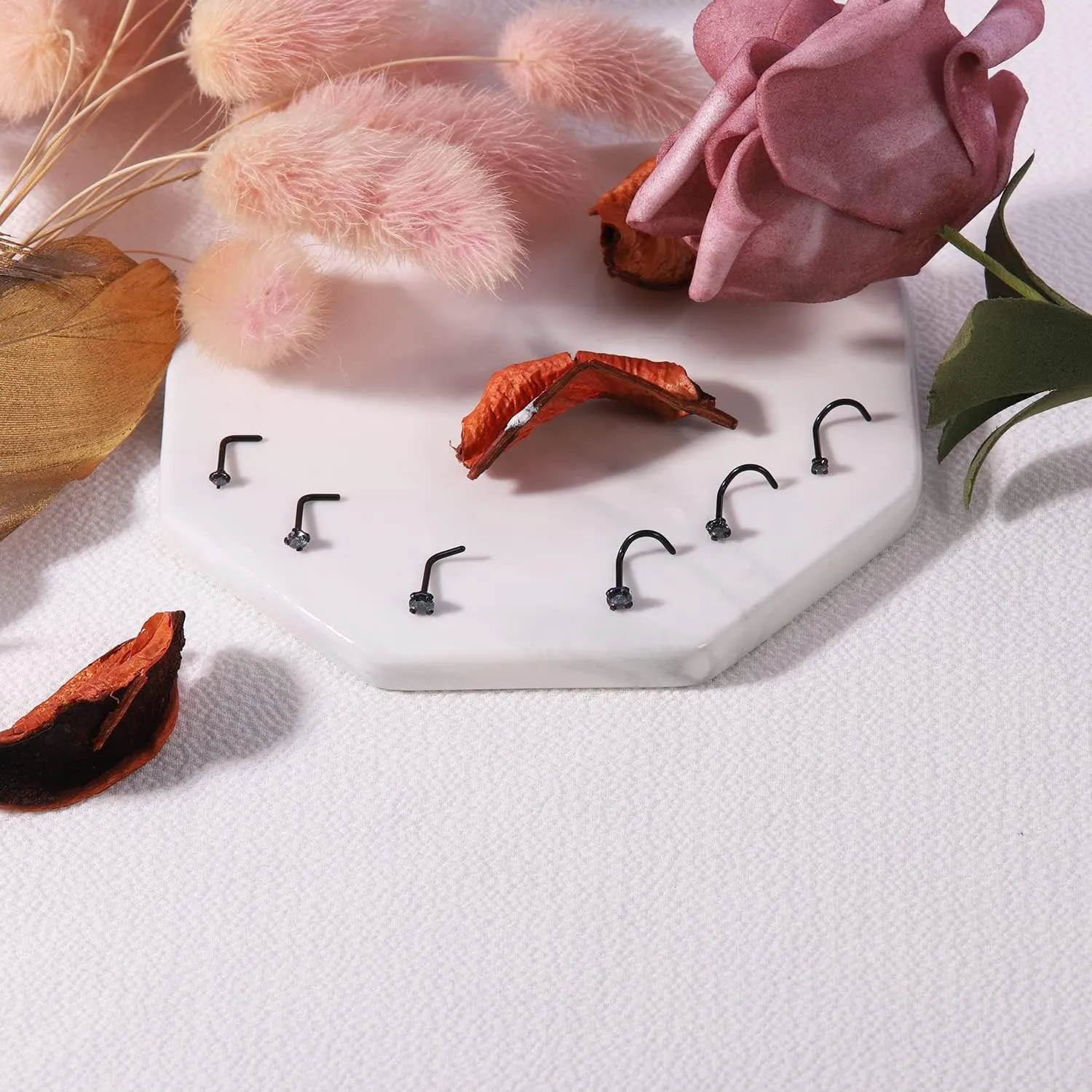 4-6pcs 20g Nose Rings Studs Surgical Steel Nose Rings CZ L Shaped Corkscrew Nose Ring Studs for Women Men Small Cute Silver Rose Gold Black Nose Rings Stud 1.5mm 2mm 2.5mm 3mm Nostril Piercing jewelry