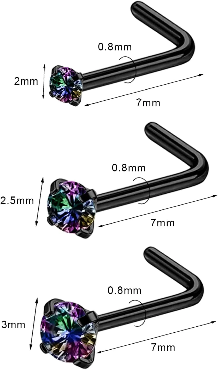 4-6pcs 20g Nose Rings Studs Surgical Steel Nose Rings CZ L Shaped Corkscrew Nose Ring Studs for Women Men Small Cute Silver Rose Gold Black Nose Rings Stud 1.5mm 2mm 2.5mm 3mm Nostril Piercing jewelry