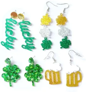 4 Pairs St. Patrick's Day Earrings Set Glitter Green Lucky Clover Acrylic Dangle Earrings Handmade Irish Shamrock Rainbow Cat Dog Beer Wood Dangle Drop Earrings for Women Holiday Jewelry