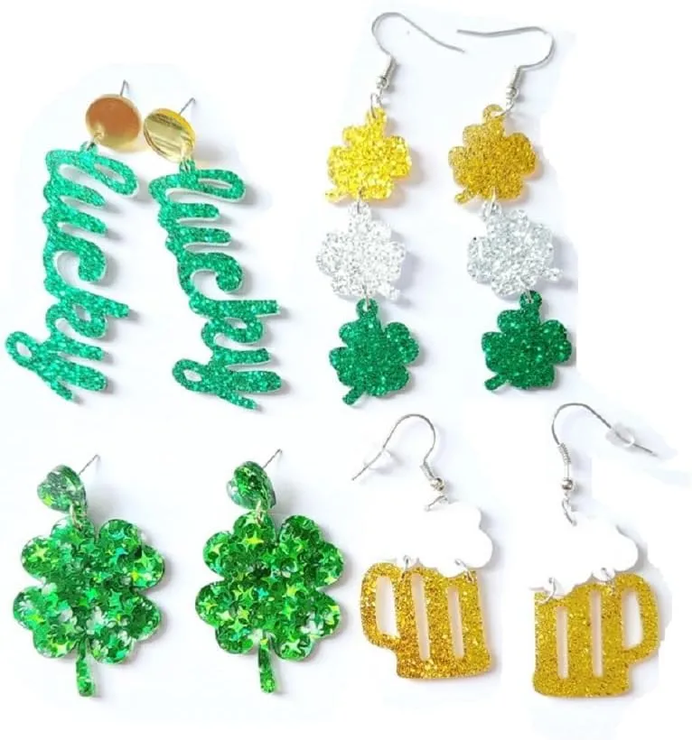 4 Pairs St. Patrick's Day Earrings Set Glitter Green Lucky Clover Acrylic Dangle Earrings Handmade Irish Shamrock Rainbow Cat Dog Beer Wood Dangle Drop Earrings for Women Holiday Jewelry