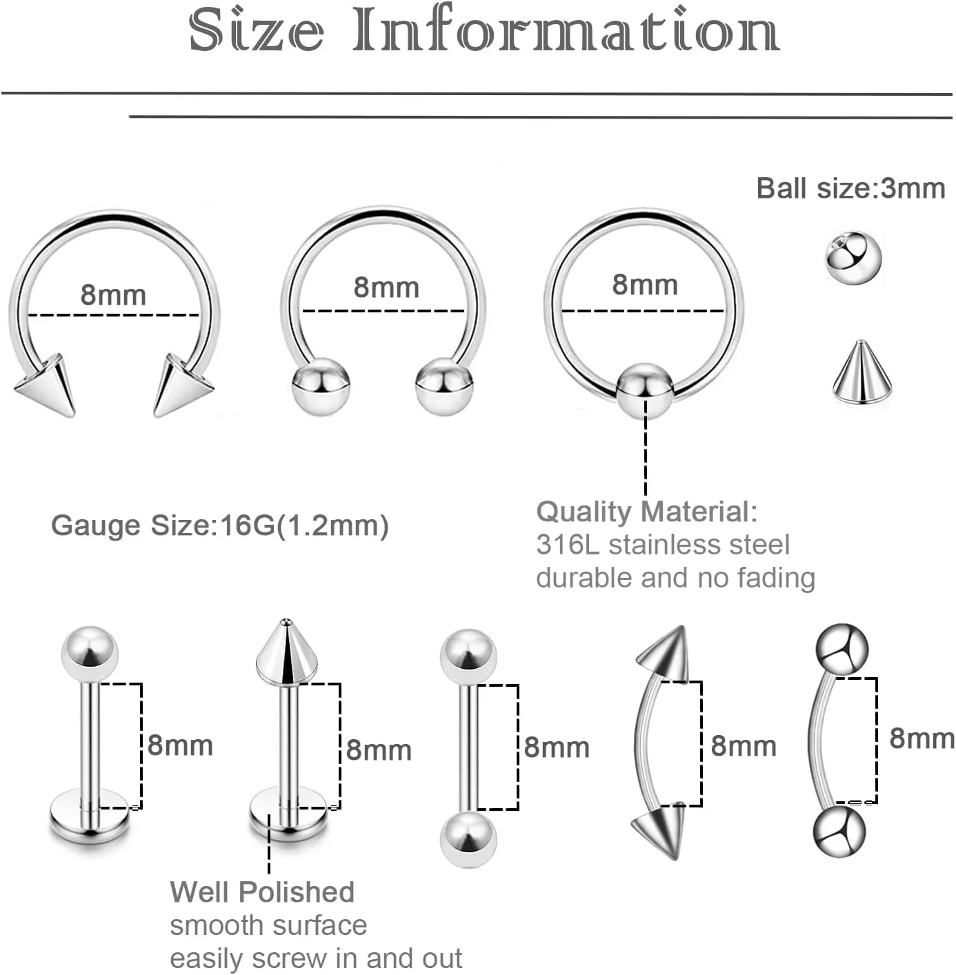 40Pcs 16G Lip Rings Surgical Steel Jewelry Labret Monroe Barbell Daith Tragus Helix Piercing Septum Nose Ring Eyebrow Body Jewelry for Women Men