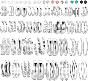 46 Pairs Gold Hoop Earrings Set for Women, Fashion Hypoallergenic Chunky Twisted Pearl Stud Earrings Multipack, Small Big Hoops Earring Packs Trendy for Christmas Birthday Party Jewelry Gift