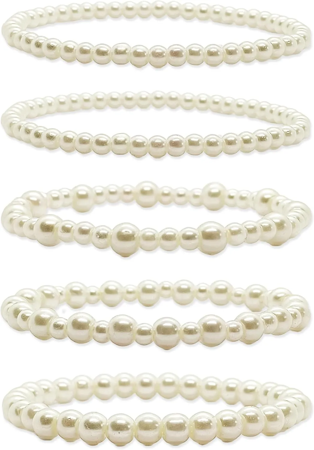 5 Pcs Premium Pearl Bracelets for Women, Stretch Adjustable Pearl Bracelets for Women