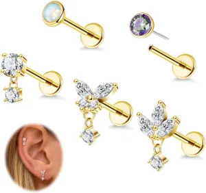 5Pcs 18G Surgical Steel Threadless Cartilage Labret Monroe Stud Earrings for Women Push in Flat Back Helix Tragus Lip Stud Earrings Conch Nose Stud Piercing Jewelry 6/8/10MM