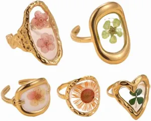 5pcs 18k Gold Plated Floral Adjustable Rings Chunky Gold Rings Vintage Jewelry Y2k Accessories Don't Tarnish Ring Set