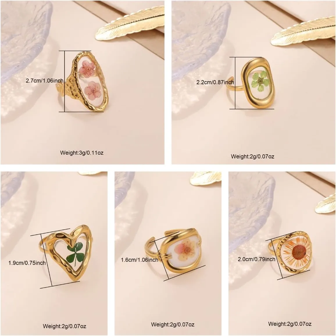 5pcs 18k Gold Plated Floral Adjustable Rings Chunky Gold Rings Vintage Jewelry Y2k Accessories Don't Tarnish Ring Set