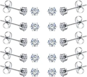 6-10 Pairs Tiny Women's Stainless Steel Round Clear Cubic Zirconia Stud Earrings, Hypoallergenic Surgical Steel Earrings Set, 2mm 3mm 4mm CZ,