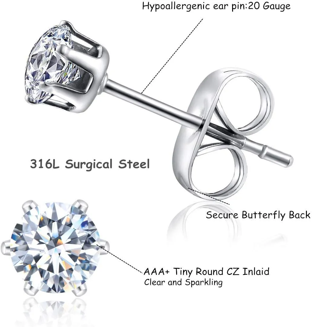 6-10 Pairs Tiny Women's Stainless Steel Round Clear Cubic Zirconia Stud Earrings, Hypoallergenic Surgical Steel Earrings Set, 2mm 3mm 4mm CZ,