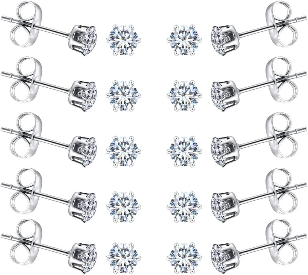 6-10 Pairs Tiny Women's Stainless Steel Round Clear Cubic Zirconia Stud Earrings, Hypoallergenic Surgical Steel Earrings Set, 2mm 3mm 4mm CZ,