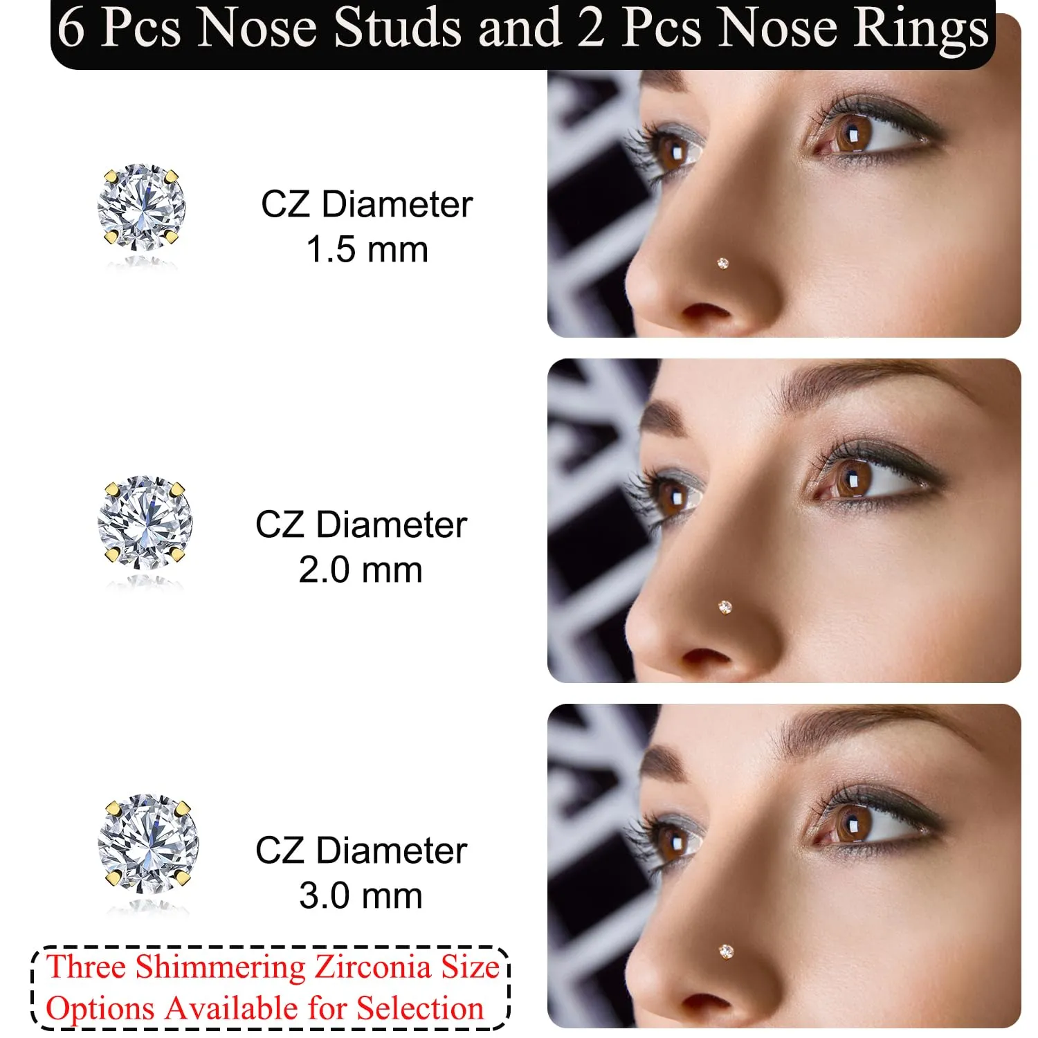 6 Pcs Gold Nose Studs And 2 Pcs Nose Rings For Women Corkscrew Bone L Shaped Nose Studs Hypoallergenic Cubic Zirconia Surgical Steel Nose Piercings Jewelry Small Silver/Gold Nose Rings 1.5/2/3mm