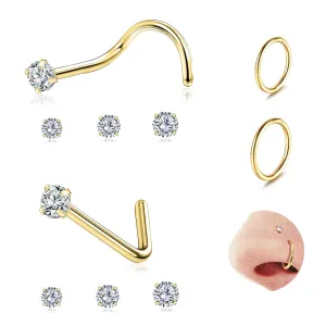 6 Pcs Gold Nose Studs And 2 Pcs Nose Rings For Women Corkscrew Bone L Shaped Nose Studs Hypoallergenic Cubic Zirconia Surgical Steel Nose Piercings Jewelry Small Silver/Gold Nose Rings 1.5/2/3mm