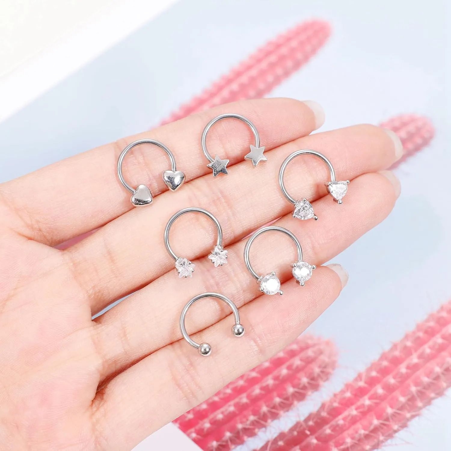 6Pcs 16G Surgical Steel Septum Rings for Women Men Horseshoe Septum Nose Rings CZ Cartilage Helix Earrings Hoop Star Heart Septum Piercing Jewelry 10mm