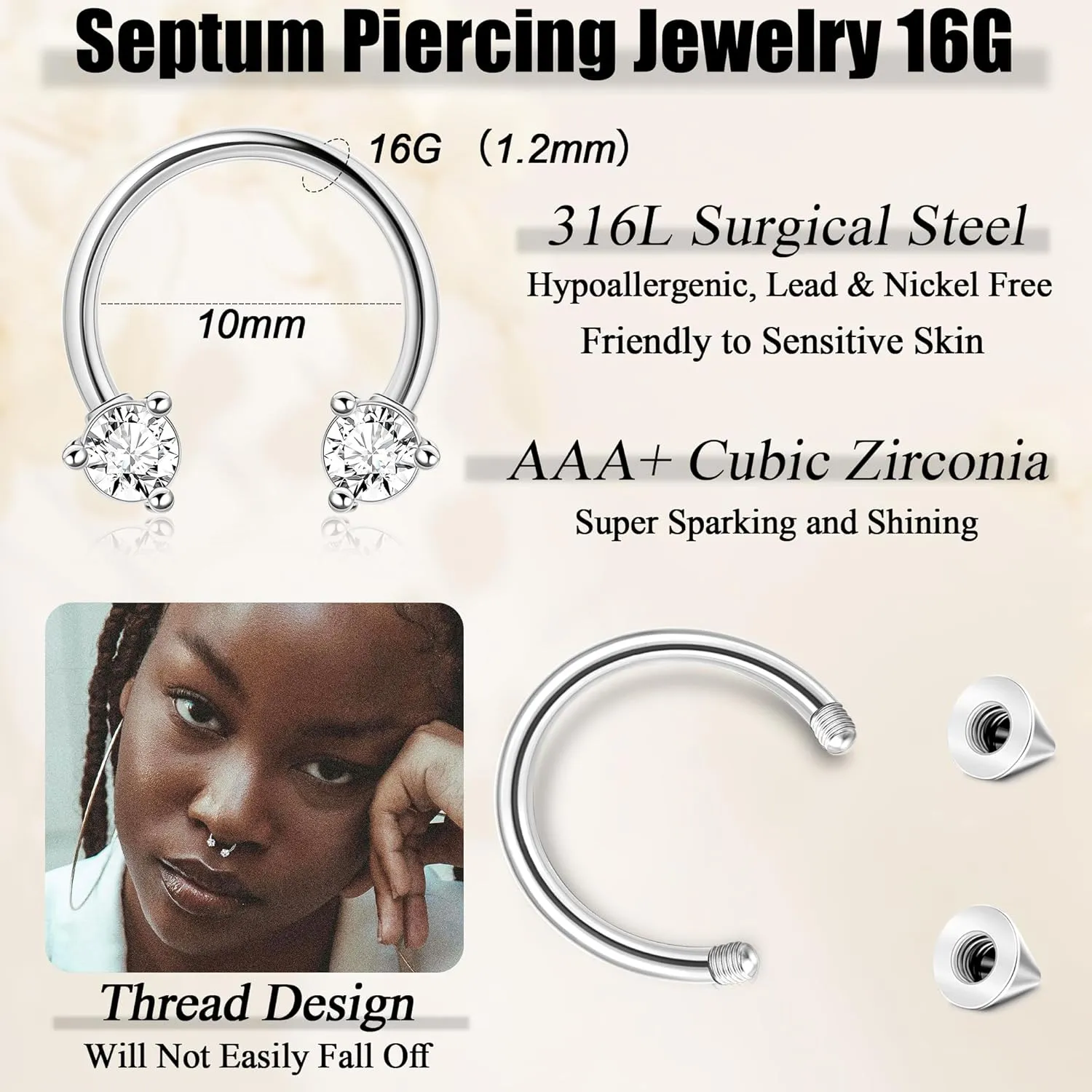 6Pcs 16G Surgical Steel Septum Rings for Women Men Horseshoe Septum Nose Rings CZ Cartilage Helix Earrings Hoop Star Heart Septum Piercing Jewelry 10mm