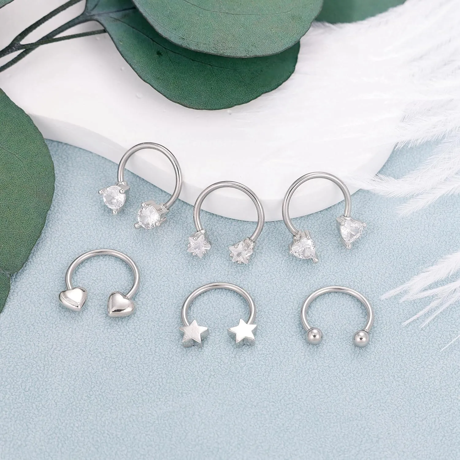 6Pcs 16G Surgical Steel Septum Rings for Women Men Horseshoe Septum Nose Rings CZ Cartilage Helix Earrings Hoop Star Heart Septum Piercing Jewelry 10mm
