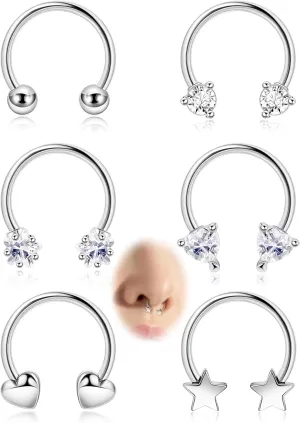 6Pcs 16G Surgical Steel Septum Rings for Women Men Horseshoe Septum Nose Rings CZ Cartilage Helix Earrings Hoop Star Heart Septum Piercing Jewelry 10mm