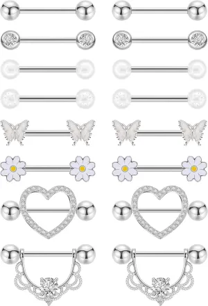 8 Pairs 14G Surgical Steel Nipple Rings for Women - Heart, Butterfly, Flower CZ Barbell Piercing Jewelry