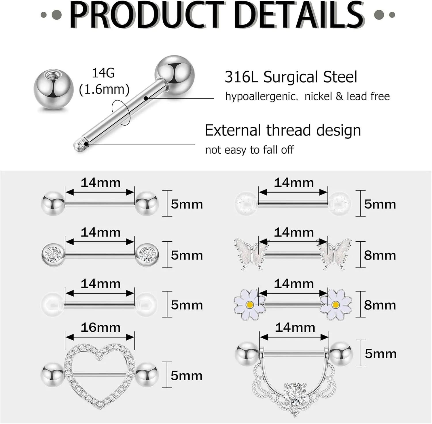 8 Pairs 14G Surgical Steel Nipple Rings for Women - Heart, Butterfly, Flower CZ Barbell Piercing Jewelry