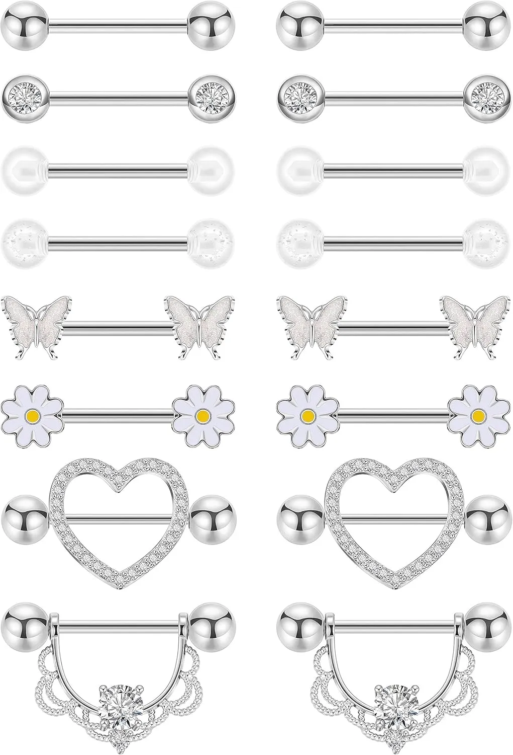 8 Pairs 14G Surgical Steel Nipple Rings for Women - Heart, Butterfly, Flower CZ Barbell Piercing Jewelry