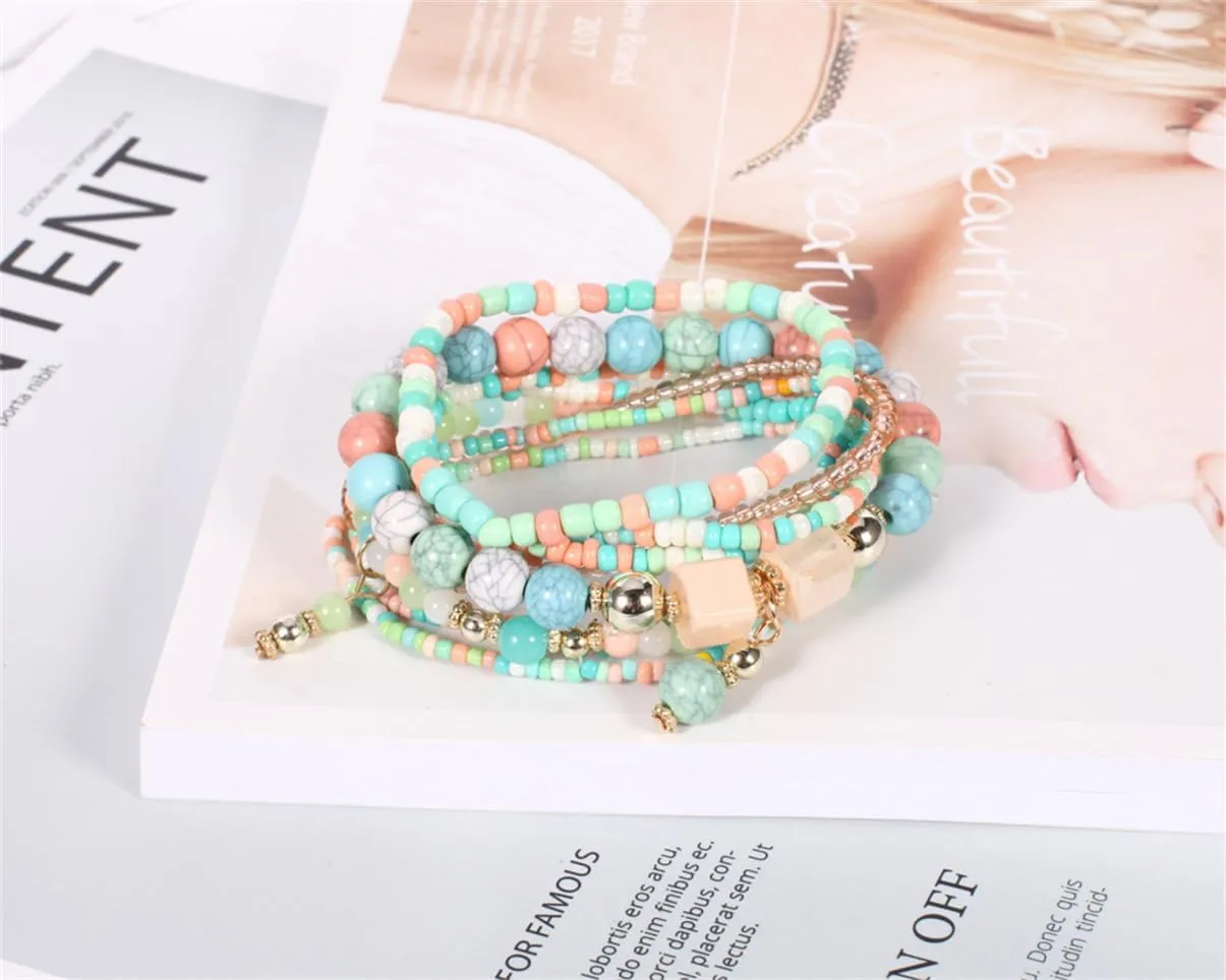 8Pcs Bohemian Stackable Beaded Bracelets Set for Women,Handmade Layered Strand Bead Bracelets, Boho Crystal Elastic Stretch Bracelets for Women