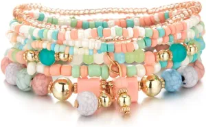 8Pcs Bohemian Stackable Beaded Bracelets Set for Women,Handmade Layered Strand Bead Bracelets, Boho Crystal Elastic Stretch Bracelets for Women