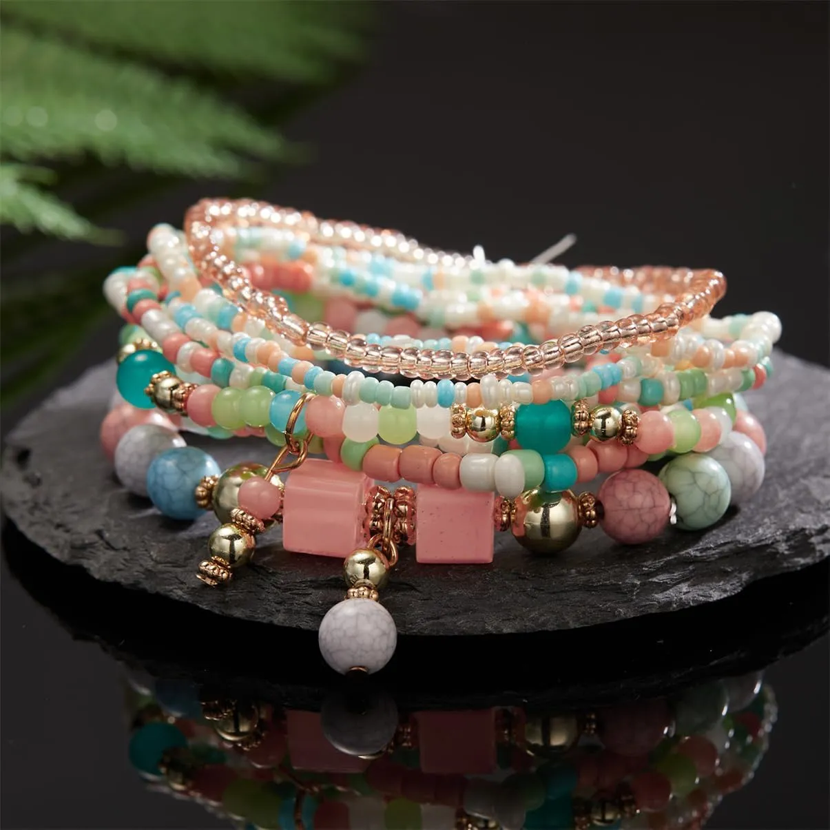 8Pcs Bohemian Stackable Beaded Bracelets Set for Women,Handmade Layered Strand Bead Bracelets, Boho Crystal Elastic Stretch Bracelets for Women