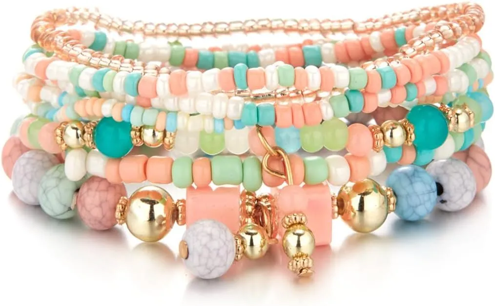 8Pcs Bohemian Stackable Beaded Bracelets Set for Women,Handmade Layered Strand Bead Bracelets, Boho Crystal Elastic Stretch Bracelets for Women