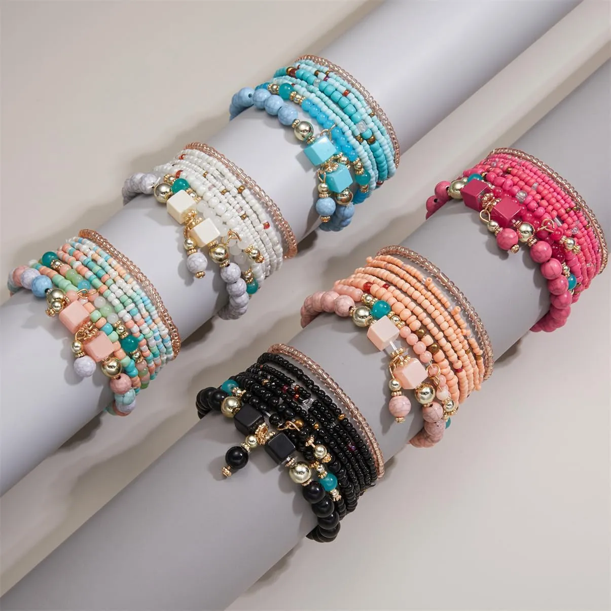 8Pcs Bohemian Stackable Beaded Bracelets Set for Women,Handmade Layered Strand Bead Bracelets, Boho Crystal Elastic Stretch Bracelets for Women