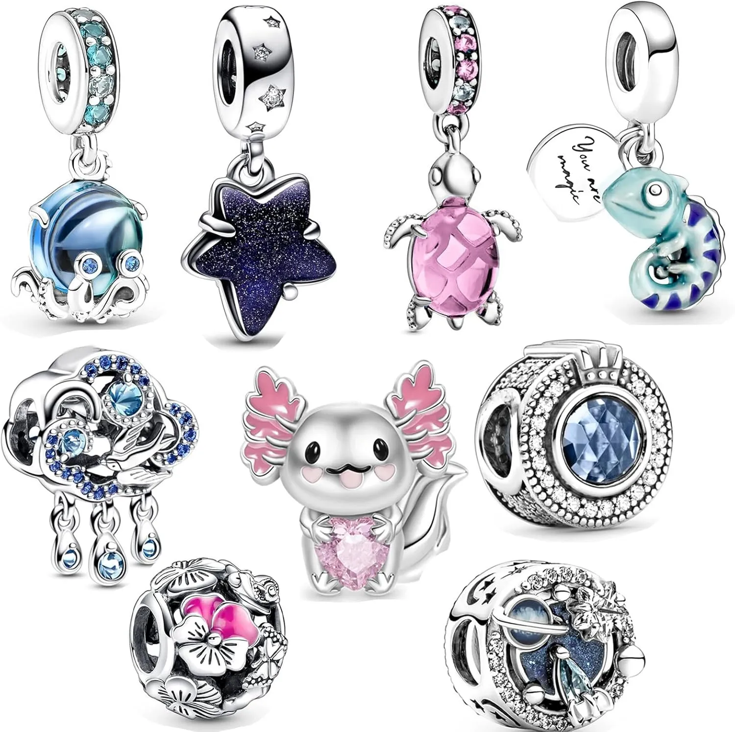 9 Pack Silver Bead Charms for Bracelets and Necklaces Charm for Woman Dangle Pendant Beads Set