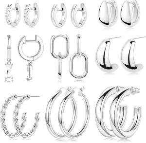 9 Pairs Chunky Gold Hoop Earrings Set for Women Trendy Sterling Silver Dangle Studs Dainty Cute Small Huggie Hoops 14K Plated Hypoallergenic Cartilage Earings Womens Prom Fashion Jewelry Gift