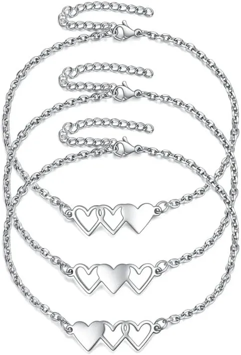 925 Sterling Silver 3Pcs Best Friend Forever Bracelets For Women - Matching BFF Bracelets For Heart Bracelets for 3 Way Friendship Bracelets For 3 Bestie BFF Jewelry Gifts For