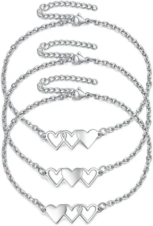 925 Sterling Silver 3Pcs Best Friend Forever Bracelets For Women - Matching BFF Bracelets For Heart Bracelets for 3 Way Friendship Bracelets For 3 Bestie BFF Jewelry Gifts For