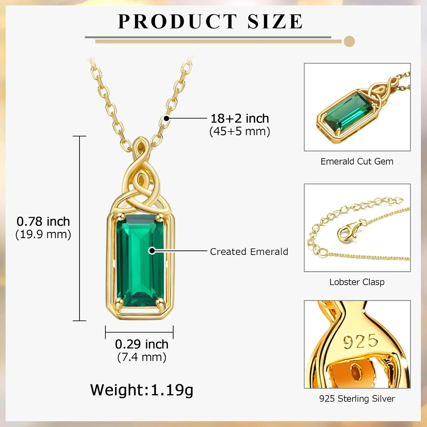 925 Sterling Silver Celtic Knot Necklace Emerald Cut Ruby/Amethyst/Emerald/Sapphire Pendant Solitaire Necklaces with 18" Chain