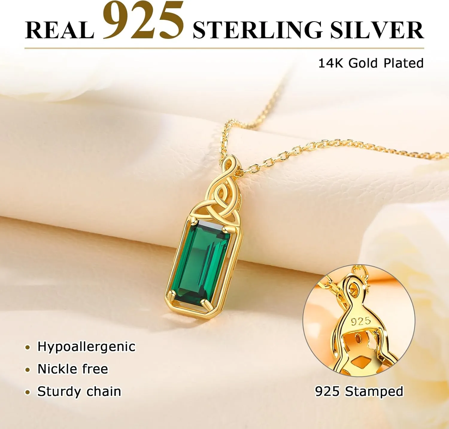 925 Sterling Silver Celtic Knot Necklace Emerald Cut Ruby/Amethyst/Emerald/Sapphire Pendant Solitaire Necklaces with 18" Chain