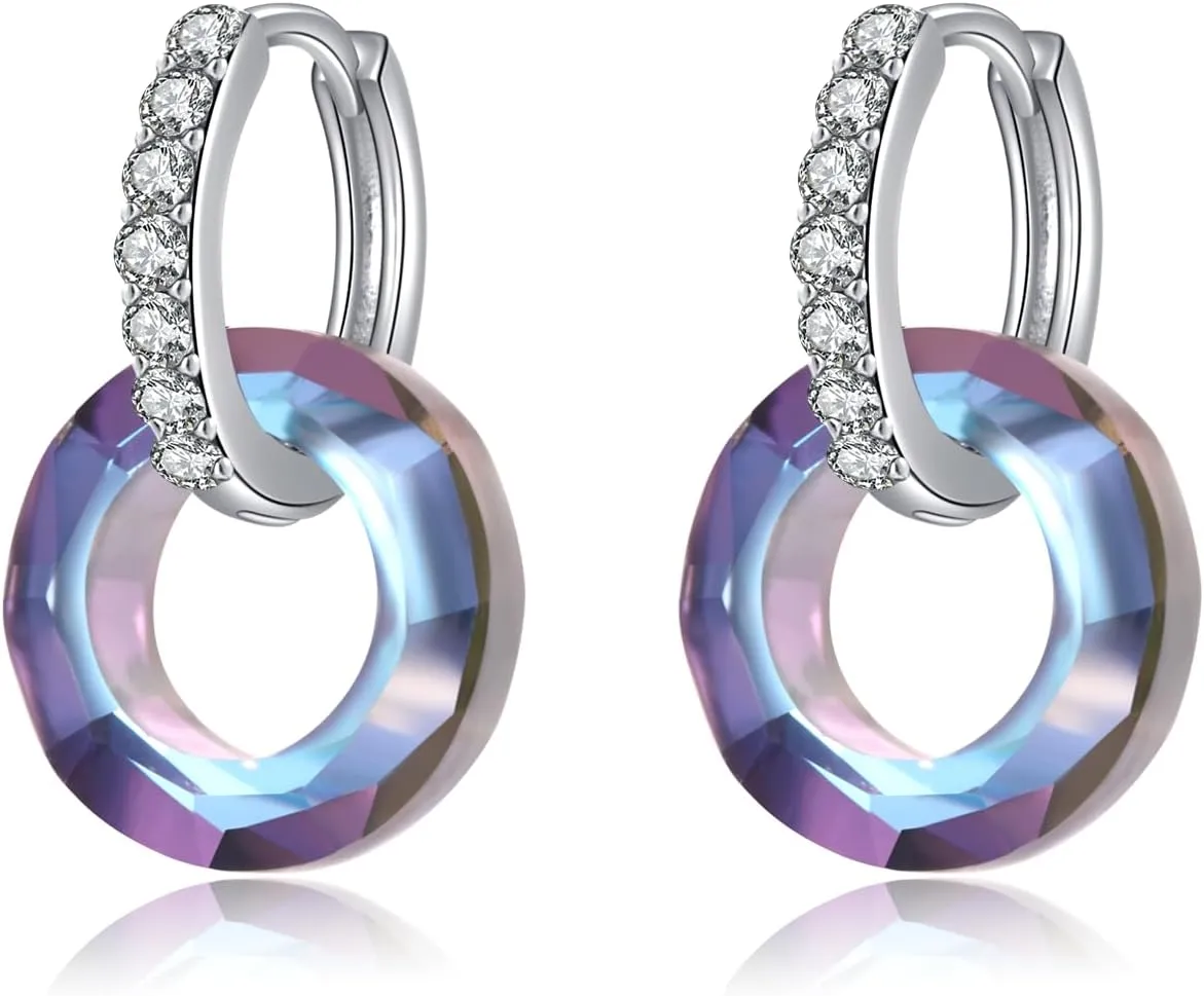 925 Sterling Silver Circle Crystal Earrings for Women, Hypoallergenic Dangle Hoop Earring with Cubic Zirconia, Crystals Jewelry Collection Round Earrings