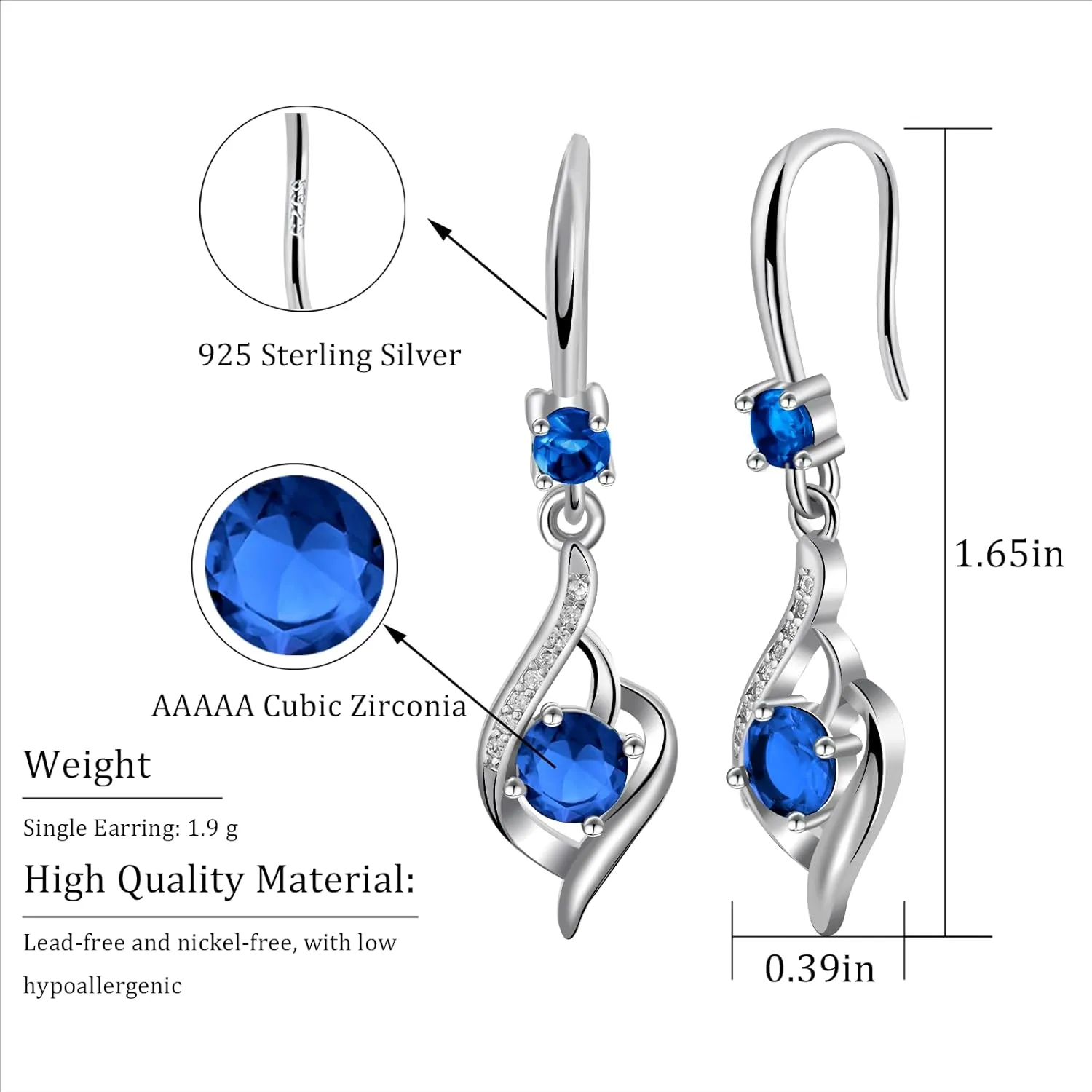 925 Sterling Silver Heart Dangle Earrings with Cubic Zirconia & Birthstone - Women's Fashion Jewelry, Hypoallergenic Drop Design