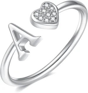925 Sterling Silver Heart Initial Rings, Adjustable Letter Rings, Stackable Rings for Women - Gifts