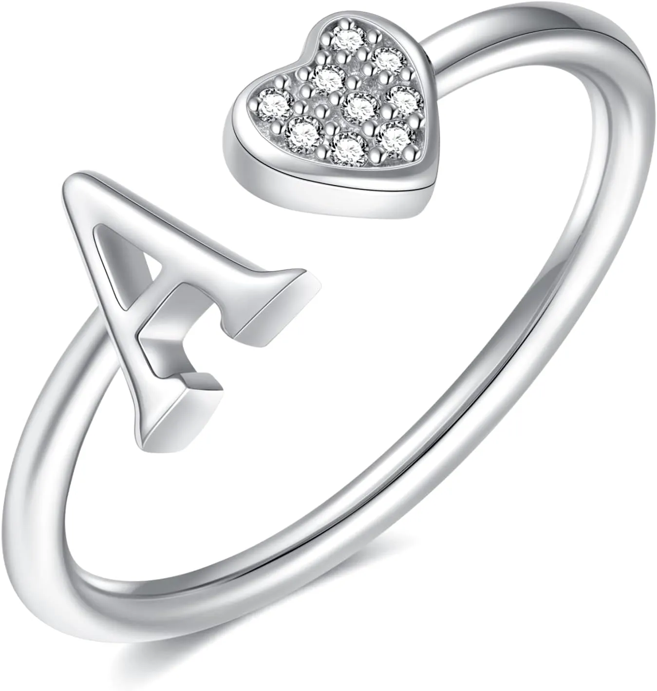 925 Sterling Silver Heart Initial Rings, Adjustable Letter Rings, Stackable Rings for Women - Gifts