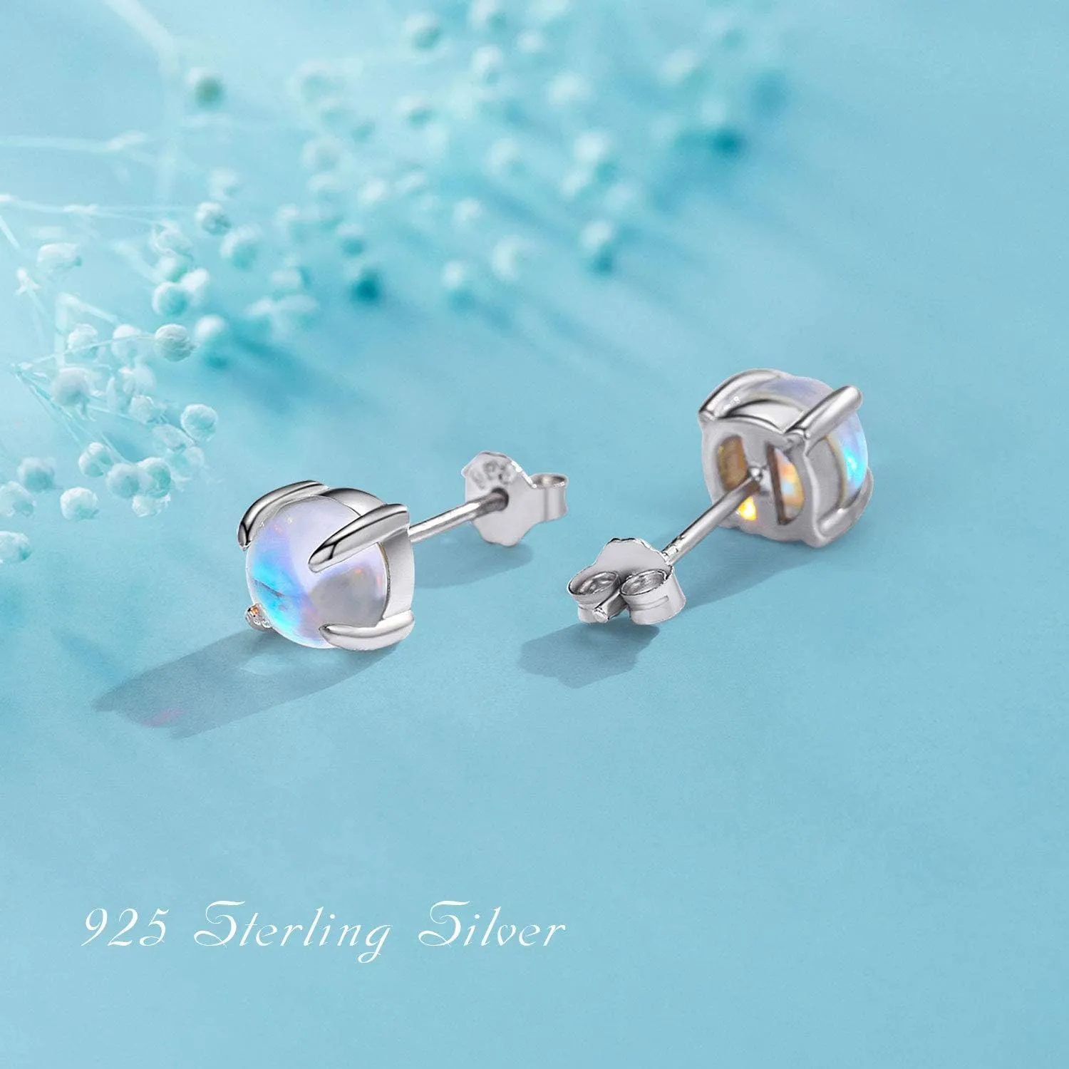 925 Sterling Silver Moonstone Stud Earrings - Synthetic Round Hypoallergenic Jewelry for Women With Sensitive Ears