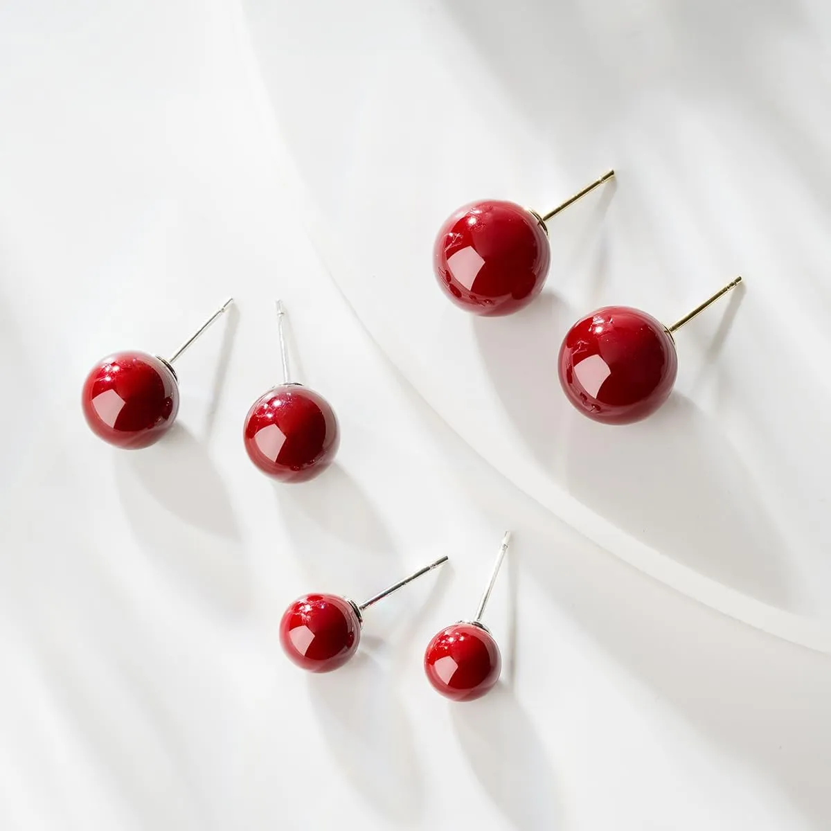 925 Sterling Silver Post Stud Earrings Red Ball Stud Earrings Set Jewelry for Women 8-12MM