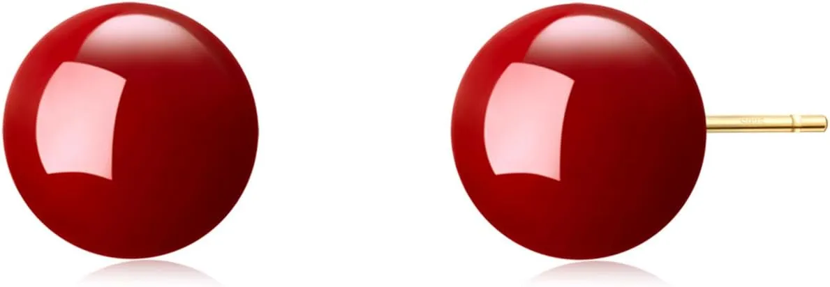 925 Sterling Silver Post Stud Earrings Red Ball Stud Earrings Set Jewelry for Women 8-12MM