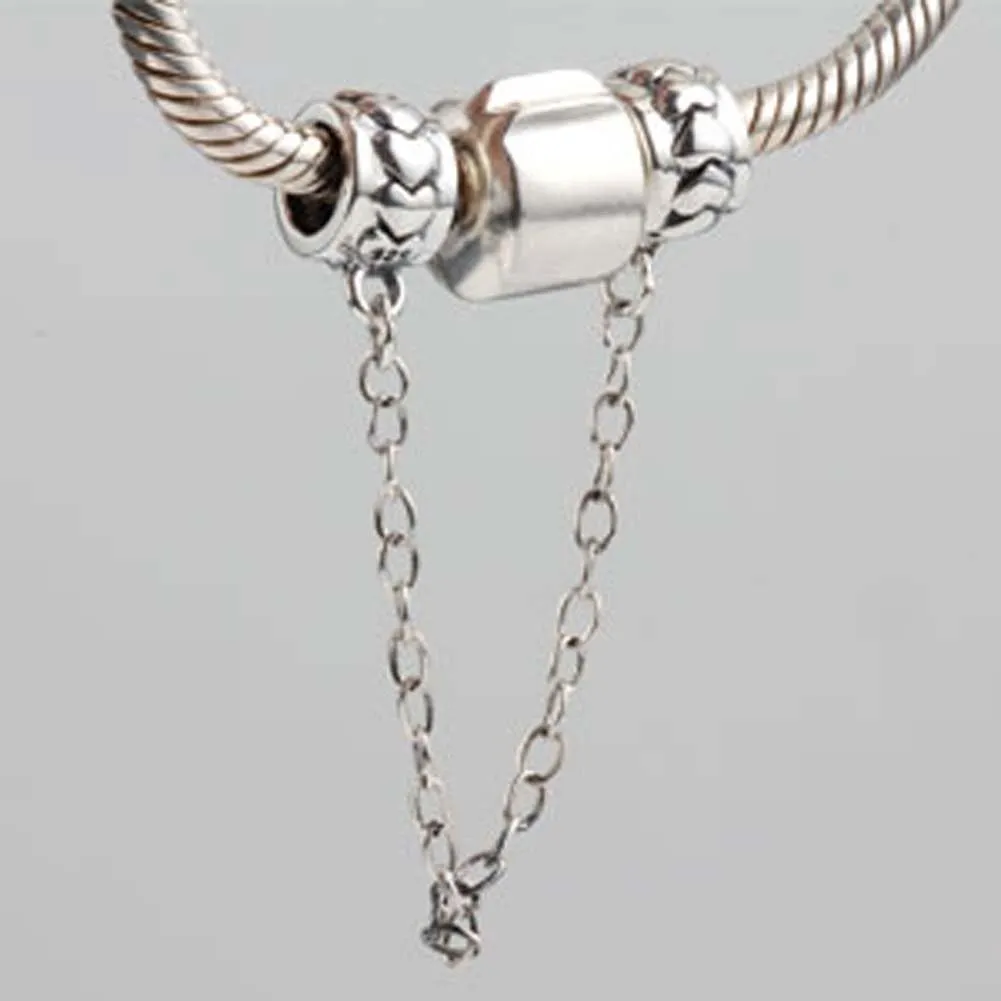 925 Sterling Silver Safety Chain Heart Charm Spacer Bead for Pandora Charm Bracelet (G)
