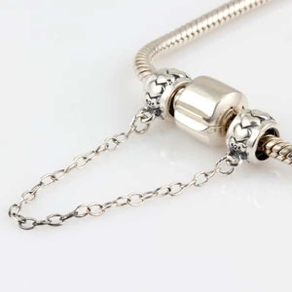 925 Sterling Silver Safety Chain Heart Charm Spacer Bead for Pandora Charm Bracelet (G)