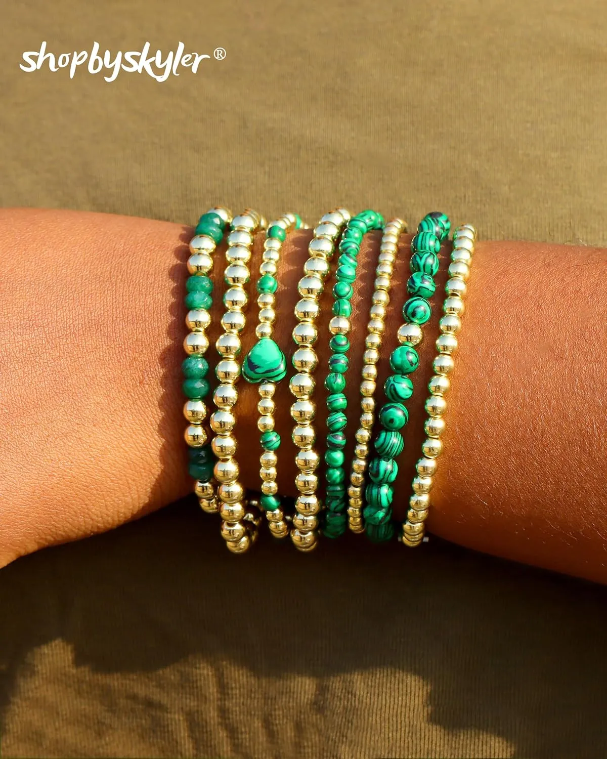 9PCS Gold Bracelets for Women Heart Stone Beaded Bracelets Gold Stretch Bracelets for Women 14K Real Gold Plated Stackable Bead Ball Bracelet Set