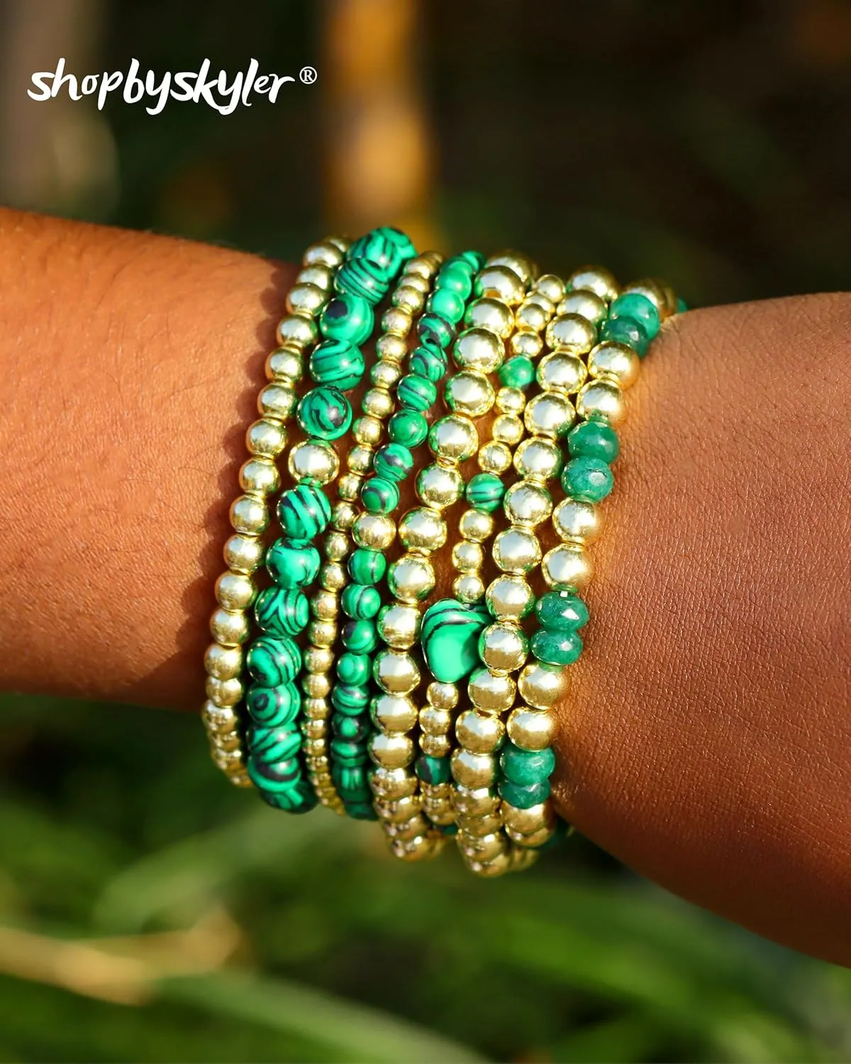 9PCS Gold Bracelets for Women Heart Stone Beaded Bracelets Gold Stretch Bracelets for Women 14K Real Gold Plated Stackable Bead Ball Bracelet Set