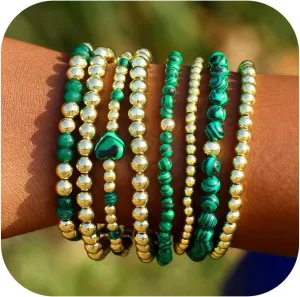 9PCS Gold Bracelets for Women Heart Stone Beaded Bracelets Gold Stretch Bracelets for Women 14K Real Gold Plated Stackable Bead Ball Bracelet Set