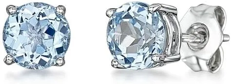 ANGEL SALES 2 Ctw Round Cut Aquamarine Push Back Studs Earrings 14K White Gold Plated 925 Sterling Silver